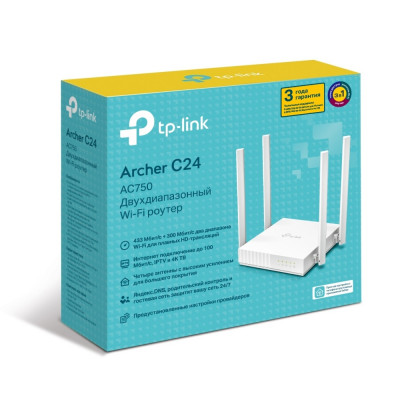 TP-Link Archer C24 Роутер двухдиапазонный, 433 Мбит/с, AC750, 4 антенны, белый