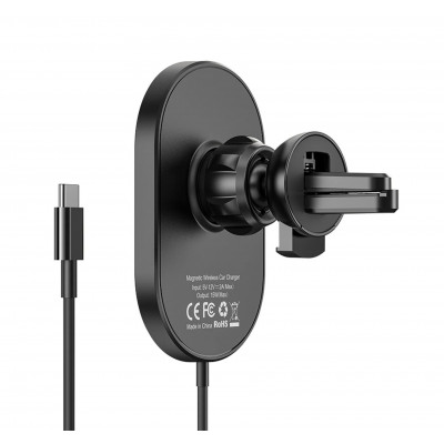 Автодержатель c БЗУ Hoco CA90 Powerful 15W, магнитный, в дефлектор, черный