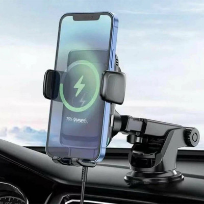Автодержатель c БЗУ Hoco S35 15W, автозажим, на панель, в дефлектор, черный