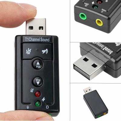 Внешняя звуковая карта USB - 2 выхода 3,5 мм, 7.1 звук, кнопки управления, черный