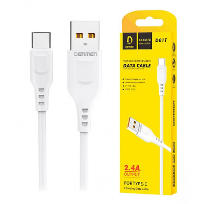 Кабель для зарядки Denmen D01T 2.4A, USB-A - USB-C, силикон, 1м, белый