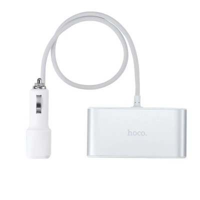 Автомобильное ЗУ Hoco Z13, разветвитель прикуривателя на 3 гнезда, 2 USB, белый