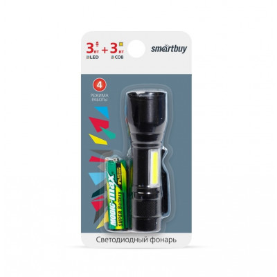 Светодиодный алюминиевый фонарь Smartbuy 3Вт LED+ 3Вт COB, AA (SBF-104), черный Светодиодный алюминиевый фонарь Smartbuy 3Вт LED+ 3Вт COB, AA (SBF-104), черный