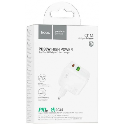 Зарядное устройство Hoco C111A Lucky USB/USB-C PD30W + QC3.0, белый