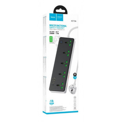 Сетевой фильтр Hoco AC13A Talento 5*розеток, 3*USB-A, 1*USB-C, 1.5 м, 2500W, DC17W, черный