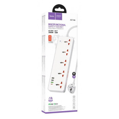 Сетевой фильтр Hoco AC14A Rico 5*розеток, 2*USB-A 5V3A, 1*USB-A 18W, 1*USB-C 30W, 1.5м, 2500W, белый