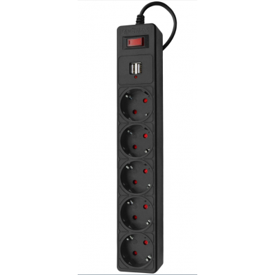 Сетевой фильтр Smartbuy 5*розеток, 2*USB-A, AC2200W, DC2.1A, 1.8м (SBSP-18U-K), черный