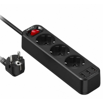 Сетевой фильтр Mivo MС-303 3*розетки, 3*USB-A, AC4000W, DC2.4A, 2м, черный
