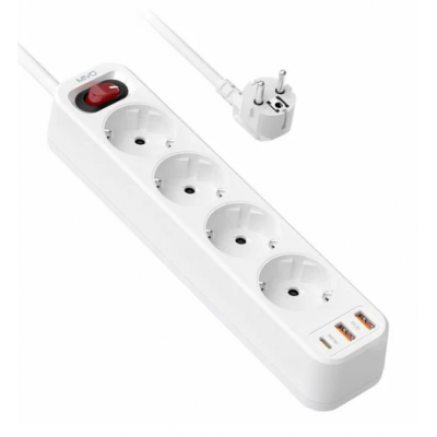 Сетевой фильтр Mivo MС-403 4*розетки, 2*USB-A, 1*USB-C, AC4000W, QC3.0, PD20W, 2м, белый