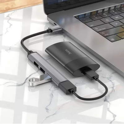 USB 3.0 хаб USB-C Hoco HB26 4 in 1, 3хUSB 2.0 + 1xUSB 3.0, серый