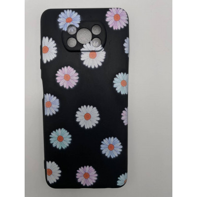 Чехол силиконовый Xiaomi Poco X3 черный с ромашками