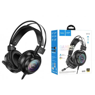 Проводные наушники накладные Hoco W110 микрофон, RGB, USB-A+3.5мм, 2м., черный
