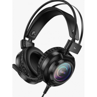 Проводные наушники накладные Hoco W110 микрофон, RGB, USB-A+3.5мм, 2м., черный