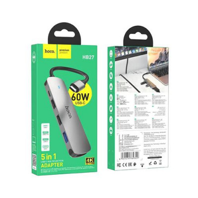 USB 3.0 хаб Hoco HB27, USB Type-С на USB Type-С, USB 2.0x2, USB 3.0, HDTV (HDMI), серый