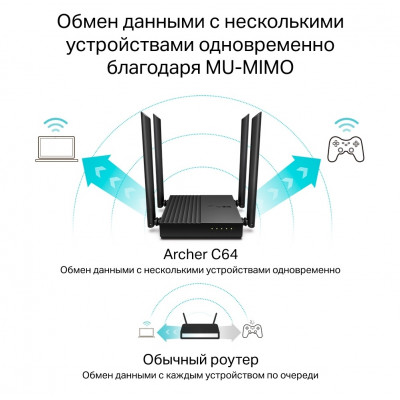 TP-Link Archer C64 Роутер двухдиапазонный гигабитный, 867 Мбитс, AC1200, MU-MIMO
