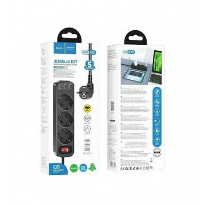 Сетевой фильтр Hoco NS2 3*розетки, 3*USB-A, AC4000W, 16A, 1.8м, черный